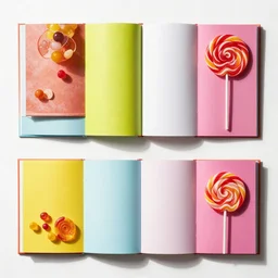 flatlay book collection, vivid colors, dramatic lighting, candy and lollipops