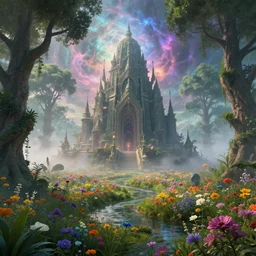 a large alien shrine shrouded by mystic nebula magic in a field of flowers, ferdinand knab, breath - taking beautiful trees, streams, flowers, and mist, an aesthetically pleasing, dynamic, energetic, lively, complex, intricate, detailed, well - designed digital art of trees, streams, flowers, and mist, early morning, light and shadow