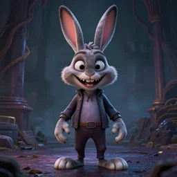 A extremely highly detailed majestic hi-res beautiful, highly detailed portrait of a scary terrifying creepy cartoon rabbit evil smiling standing up wearing pants and a shirt in the style of Walt Disney animation