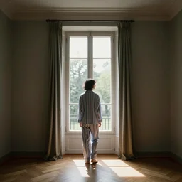 person in pyjamas standing near window, sun rays, daylight, french door window, 2 4 mm, anamorph lenses, photorealistic, high ceiling, style by vilhelm hammershøi
