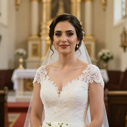 a close up portrait of a woman in a wedding dress standing at a church alter