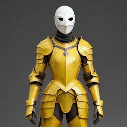 female adventurer in tight full - body canary color gambeson leather armor of italian design with diamond pattern and a white porcelain crow mask, trending in artstation, establishing shot