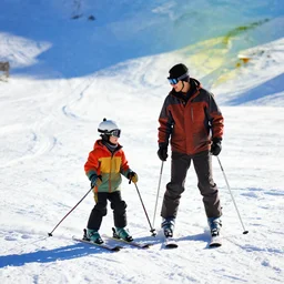 father and son snow skiing together, abstract, vibrant