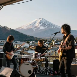 1 9 7 0 s photograph of a rock band playing in a japanese town with mount fuji in the distance, golden hour lighting, award winning photograph, fujifilm, concert footage