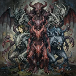 hellish creatures, painting by yoji shinkawa, yoshikata amano, greg ruthowski, beautiful collaborative painting, highly detailed and complex, 8 k, artstation