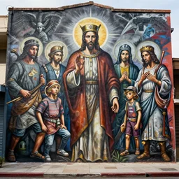 saints street gang mural, very detailed and realistic photos with light and cinematic, perfect depiction of shadows and also the depth of the image along with all the details, the winner of the photo competition o the best in the world