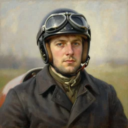 Portrait of a 1950s racing driver, with helmet and goggles, painting by Albert Edelfelt