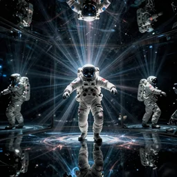concept art by craig mullins infrared complex and hyperdetailed technical astronaut dancing in futuristic dark and empty mirrored room underwater. reflection and dispersion materials. mandelbulb fractal. rays and dispersion of light. volumetric light. 5 0 mm, f / 3 2. noise film photo. flash photography. unreal engine 4, octane render. interstellar movie art