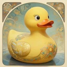 a matte portrait of a highly decorated rubber duck with a dreamy expression, highly detailed, illustration by alphonse mucha