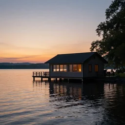 a lake house on a quiet evening with a sunset in the background. on a lake. highly detailed