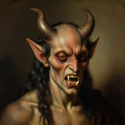 A masterpiece head and shoulders portrait of a demon with fangs by William Adolphe Bouguereau