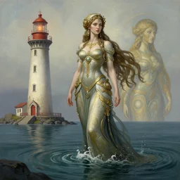 a full body portrait of a beautiful post apocalyptic offworld neoicelandic biofarmer swimming by the lighthouse, intricate, elegant, highly detailed, digital painting, artstation, concept art, smooth, sharp focus, illustration, art by krenz cushart and artem demura and alphonse mucha