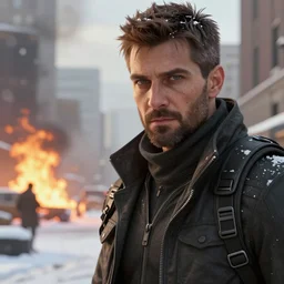 close-up of an agent from (Tom Clancy's The Division), snowy new york in background, fire in background, high detail, digital art, trending on artstation, by Tom Garden, by Marek Okon, by Abrar Khan