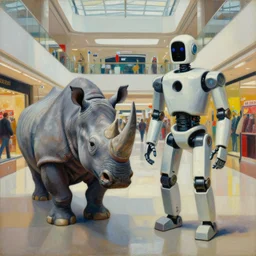 a rhinoceros and a humanoid robot are standing in the middle of a shopping mall. a detailed oil painting by umberto boccioni and any warhol