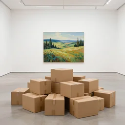 a pile of cardboard boxes in a modern art gallery with a parque floor, a single detailed landscape painting by anthony copely fielding on the back wall.