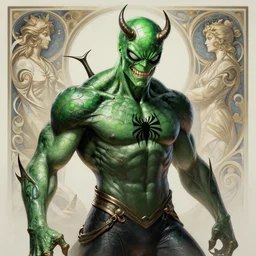 Portrait of Green Goblin (from Spiderman), D&D, muscular, fantasy, intricate, elegant, highly detailed, digital painting, artstation, concept art, smooth, sharp focus, illustration, art by artgerm and greg rutkowski and alphonse mucha
