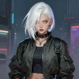 A beautiful cyberpunk painting of a female thug by Wlop and Z eD, handsome face, bomber jacket, white hair, yellow iris, trending on artstation, pixiv, 4k, HDR, unreal engine