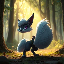 a cyberpunk furry with a fluffy tail in a forest, backlighting, cgi, rendered in unreal engine, trending on artstation, cartoon