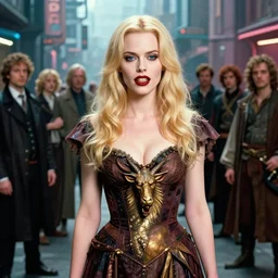 realistic detailed movie shot of a beautiful blond vampire woman in a dress with a cerberus, futuristic street background by denis villeneuve, amano, yves tanguy, alphonse mucha, max ernst, caravaggio, edward robert hughes, roger dean, rich moody colours, dog teeth, blue eyes
