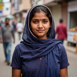 color portrait Mid-shot of an beautiful 20-year-old Indian woman, street portrait in the style of Steve McCurry award winning