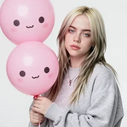 billie eilish holding large pink balloon, kawaii, ultra realistic, concept art, intricate details, highly detailed, photorealistic, octane render, 8 k