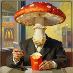 man with a toadstool for a head ordering at mcdonalds, hyperrealistic digital painting portrait by alphonse mucha