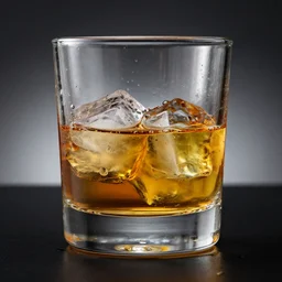 a glass of whiskey, whiskey glass with ice cubes, sweating. surreal. style of katherine linn sage
