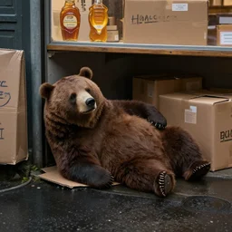hyper - realistic anthropomorphic bear homeless laying in a dark rainy street corner under carton boxes, honey dispensary