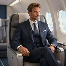 a handsome mature well meaning diplomat. in his chair in the first class of a airplane. intricate, elegant, highly detailed, digital painting, artstation, concept art, sharp focus, illustration, by justin gerard and artgerm, 8 k
