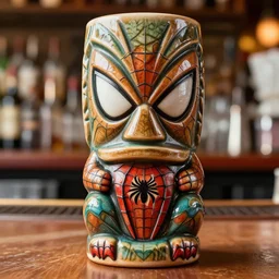 a closeup photorealistic photograph of a spider woman style tiki mug sitting at a oasis vic's bar featuring spider woman's face. tiki theme. bright scene. fine detail. this 4 k hd image is trending on artstation, featured on behance, well - rendered, extra crisp, features intricate detail, epic composition and the style of unreal engine.