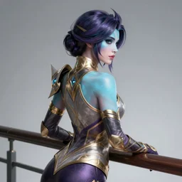 luxanna crownguard leaning on railing, from league of legends, view from behind, hyper detailed, digital art, trending in artstation, cinematic lighting, studio quality, smooth render, fluorescent skin, sharp focus, intricate, elegant, highly detailed, art style by klimt and nixeu and ian sprigger and wlop and krenz cushart