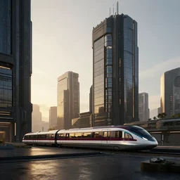 futuristic city center with 890J maglev train in background, modern landscape architectural design for brutalist industrialpunk black concrete and glass, train with maroon, white and teal metallic accents, gorgeous lighting, golden hour, cyberpunk, 2077, dramatic lighting and composition, photography, 8k, origin 100i, star citizen concept art, single line, golden ratio, minimalistic composition, side profile