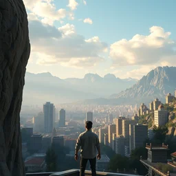 a man standing in front of a city with mountains in the distance, 3 d, unreal engine, extremely detailed, artstation, artstationhq, artstationhd, 4 k, 8 k, ultra high res