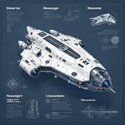 detailed infographic blueprint of one messenger spaceship in the style of eve online by john howe