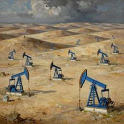 hyper detailed painting of with thousands of tiny pumpjacksblue covering expansive empty parched hilly plains, by francisco goya and rembrandt