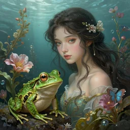 hyperdetailed fantasy underwater portrait of princess and the frog with floral plants. by greg rutkowski, highly detailed, digital painting, artstation, smooth, sharp focus illustration, artstation hq. intricate, elegant, 8 k, unreal engine. art by wlop and artgerm and ayami kojima. dan mumford, tomokazu matsuyama, takato yamamoto