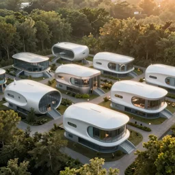 A ground view photograph of futuristic Chinese houses, remote area, forest, 4k, high-resolution, golden hour