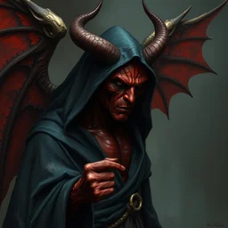 demonic angel hunter, dark robe, dark red scaly skin, horns