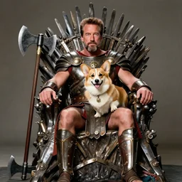 arnold schwarzenegger as king conan, directed by john millius, photorealistic, sitting on a metal throne, wearing ancient cimmerian armor, a battle axe to his side, he has a beard and graying hair, he has a happy corgi dog on his lap, cinematic photoshoot in the style of annie leibovitz, studio lighting