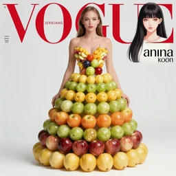 vogue magazine, elle magazine, anime korean nataly portman wearing dress made of fruit peach pattern, ilya kuvshinov, greg rutkowski, john singer sargent, anime, trending on artstation, intricate