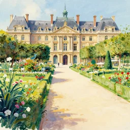 Garden promenade at court of Louis XIV, expressive gouache illustration, travel poster design