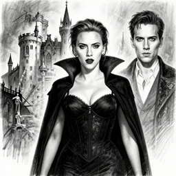symmetrical scarlett johansson as a vampire, gothic castle in the background, scene by david finch, black and white, pencil and ink