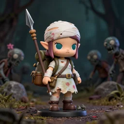 an ominous femo figurine of a cute funny spear wielding fairy survivalist with bandages wearing a dirty floral torn dress featured on left 4 dead by studio ghibly and gamesworkshop, carrying survival gear in a large backpack, using a modelling knife as a spear, dark and moody atmosphere, hiding from zombies, 🎀 🗡 🧚