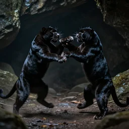 two black panthers fighting, six legs, fantasy, dark, blurred combat, in a dark cave