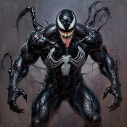 a oil painting of dwayne johnson as venom the symbiote, oily, slimey, venom is covering him completely, black slime, drawn by frank frazetta