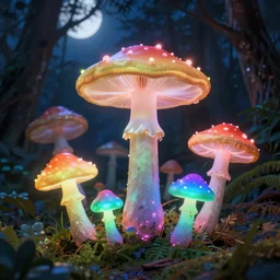 7 glowing rainbow mushrooms that are each a different color of the rainbow illuminating and glowing in a dark blue moonlight forest, artstaton trending, fineartamerica, pinterest, instagram, cinematic, post processing, by james cameron, hyperealistic photo