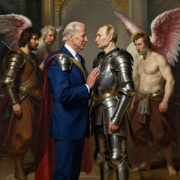 attractive handsome fully clothed joe biden confesses his love for attractive fully armored vladimir putin. centered composition. highly detailed painting by gaston bussiere and j. c. leyendecker and william adolphe bouguereau and fra angelico and octane render, musee d'orsay 8 k