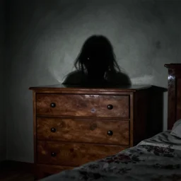 a shadow person sticking it's head out from behind a dresser in a bedroom at night, terrifying, scary, haunted house
