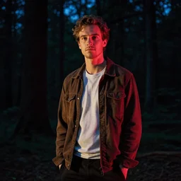 eddie munson neon lights looks so cool in the night forest handsome, photojournalism