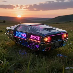 full shot of a box - shaped sci - fi flying vehicle made from dark glass and plastic surfaces with neon kanji decals in the style of bladerunner 2 0 4 9, dodge charger, side lights, studio lighting, octane render, background a grass at sunset in a valley